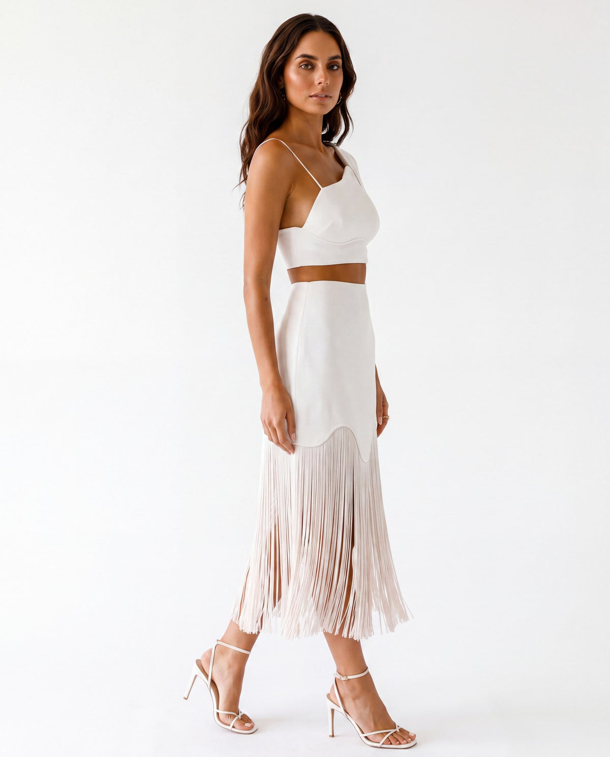 Saia Cannes Branco com Franjas perfil